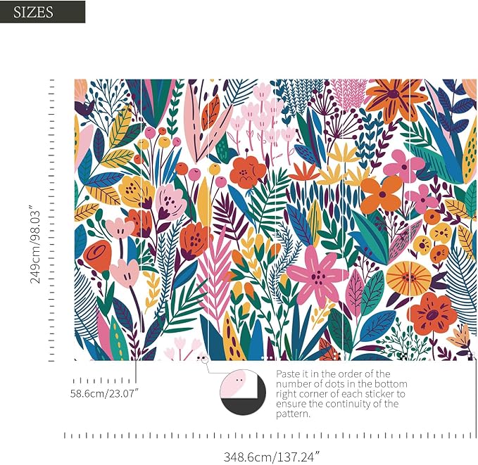 Colorful Floral Peel and Stick Wall Mural for Living Room | Extra Wide Urban Funky Wallpaper, Removable Leather Textured & Water-Resistant, Open Floor Plan, Salon Hotel Gallery - Image 3