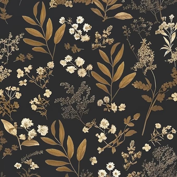 Laatse Vintage Floral Peel and Stick Wallpaper 17.5'' x 787'', Black Gold | Self Adhesive/Removable/Waterproof/Thick Vinyl Extra Long Contact Paper for Bathroom Bedroom Shelf Cabinet Drawer,Prepasted by Laatse