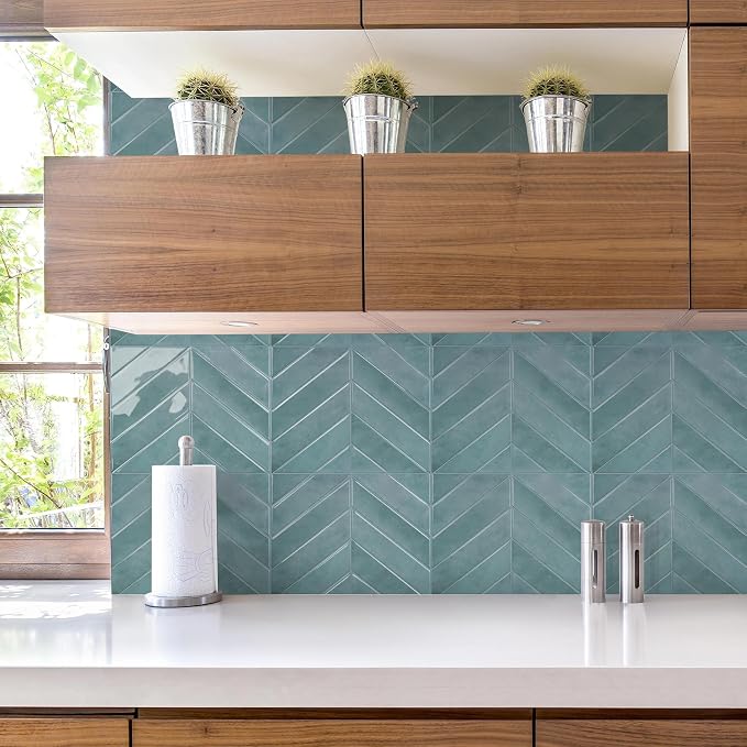 STICKGOO Herringbone Peel and Stick Backsplash, Blue Teal, 10 Sheets | 12.6 x 9.7 in, Thicker Rectangular Vinyl Stick-On Wall Tiles, Easy Alignment, Waterproof, Easy to Clean, Kitchen/Bathroom - Image 3