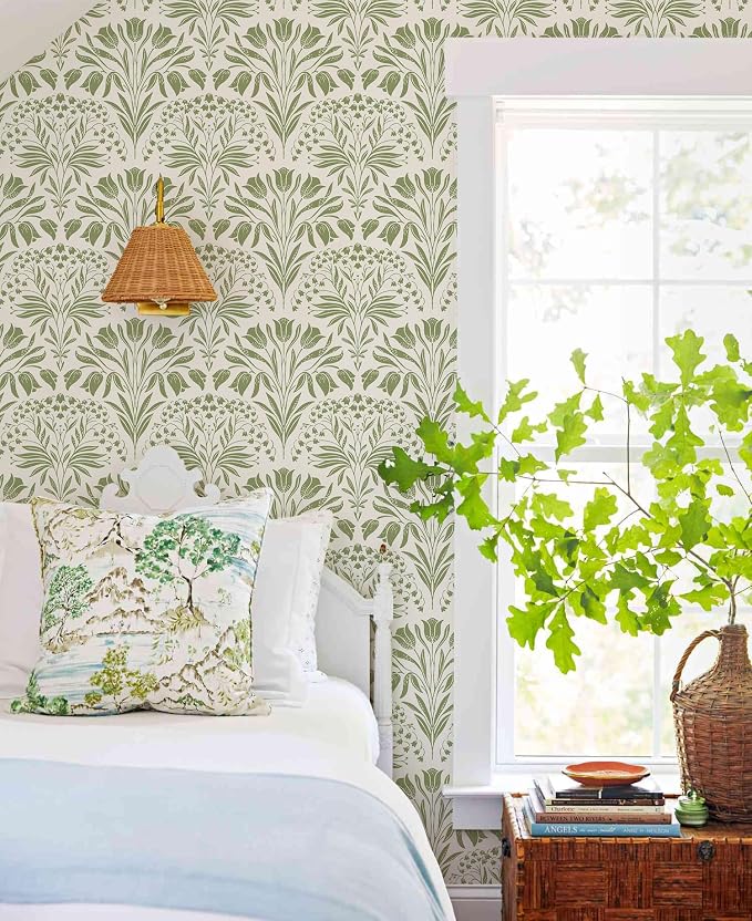 Green Tulip Floral Peel and Stick Wallpaper Retro Green Contact Paper | 17.3in X 118in Vintage Tulip Flowers Self Adhesive Wallpaper Boho Botanical Removable Wallpaper for Livingroom Decor - Image 2