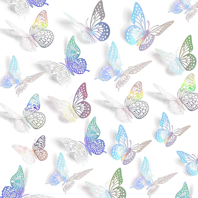 SAOROPEB 3D Butterfly Wall Decor 48 Pcs Laser Butterfly Birthday Decoration | 4 Styles 3 Sizes, Butterfly Party Decorations Cake Decorations, Removable Stickers by SAOROPEB