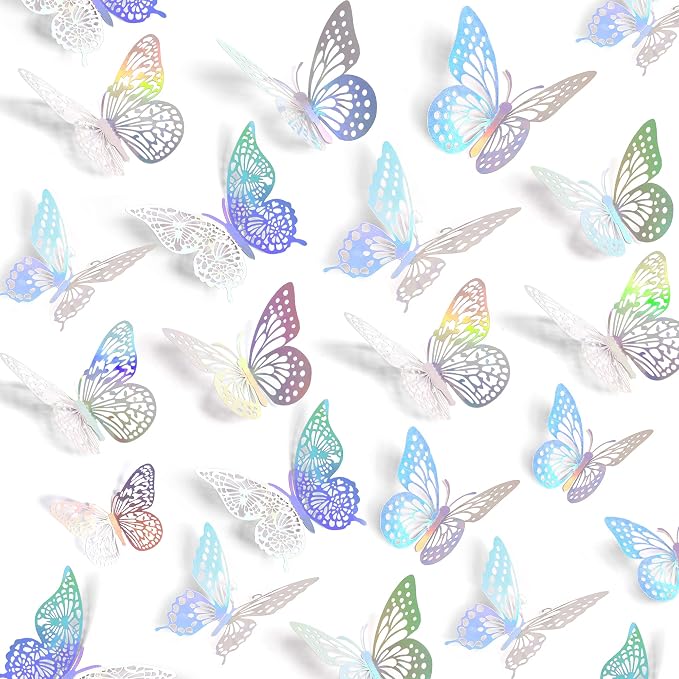 SAOROPEB 3D Butterfly Wall Decor, 72 Pcs 3 Styles 3 Sizes, Removable Metallic Wall Sticker Room Mural Decals for Kids Bedroom Nursery Classroom Party Decoration Wedding Decor DIY Gift (Laser) | 3 Styles 3 Sizes, Removable Metallic Wall Sticker Room Mur... by SAOROPEB