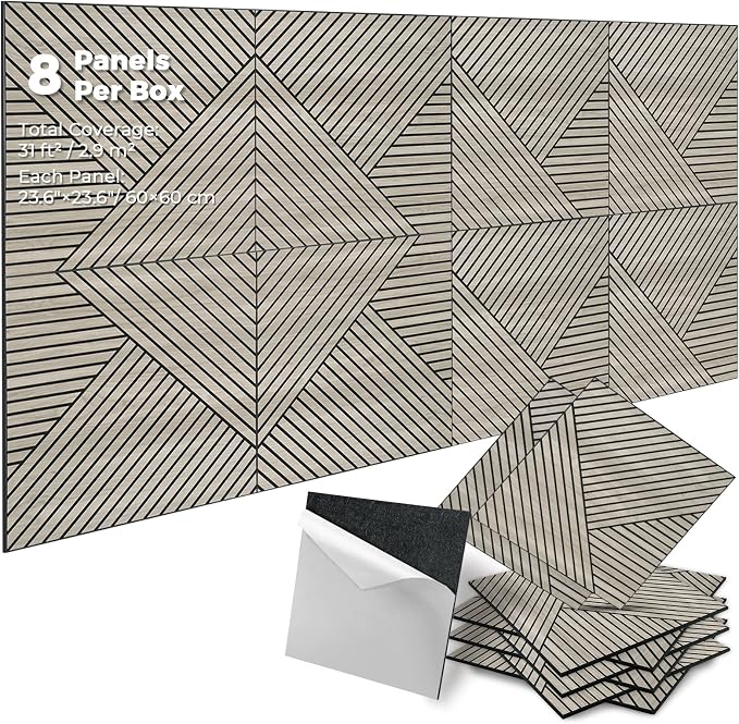 3D Peel and Stick Acoustic Wall Panels – 8 Pack Self-Adhesive Wood Pattern Soundproof Panels 23.6” x 23.6” for Interior Wall Decor, Bedroom, Living Room, Office (White Maple) by Unknown