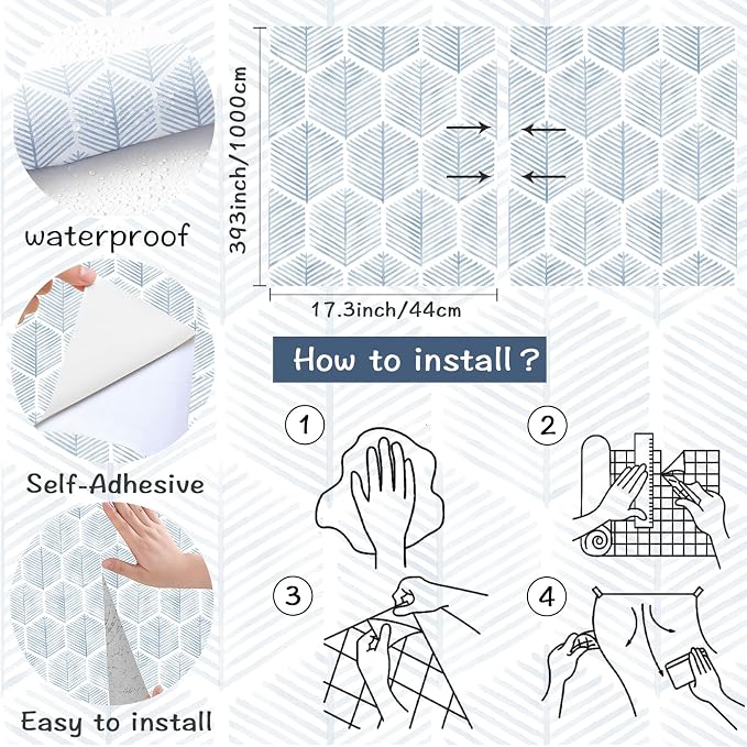 OSECAGE Geometric Peel and Stick Wallpaper Blue Contact Paper 17.3''×393'' | Modern Geometric Wallpaper Self Adhesive Removable Boho Wall Paper Waterproof for Bedroom Bathroom Cabinets Decor Vinyl Roll - Image 3