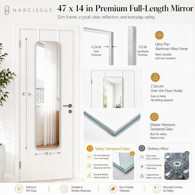 NARCISSUS Over the Door Full Length Mirror 47x14 Inch, Wall Mounted Dressing Mirror, Door Hanging Full Body Mirror HD Reflection Glass for Bedroom, Aluminum Alloy Frame Silver - Image 3