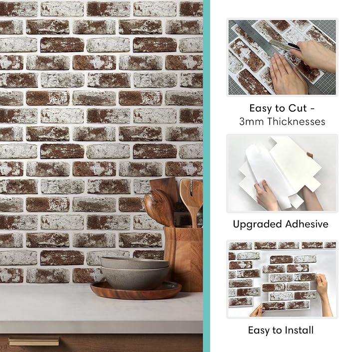 Commomy Faux Brick Panels Peel and Stick Wall Stickers 10 Pcs 11.8" x 11.8" | Small Size Thin PVC Fake 3D Brick Wallpaper for Kitchen,Fireplace,Home Office,Wall Covering Decor(Covers 9.7 sq.ft) - Image 5