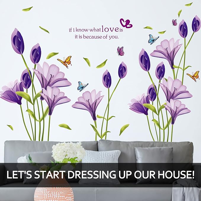 LiveGallery Beautiful Lovely Lily Flowers Wall Decals Removable DIY Butterfly Flower Vines Art Decor Wall Stickers Murals for Living Room TV Background Kids Gilrs Rooms Bedroom Decoration (Purple) - Image 6