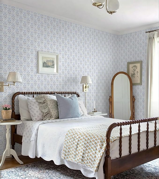 Dimoon Blue Peel and Stick Wallpaper Retro Floral Contact Paper Vintage Boho Cute Wallpaper Renter Friendly Removable Geometric Wall Paper for Bathroom Kitchen Textured Vinyl 17.3''x78.7'' - Image 3