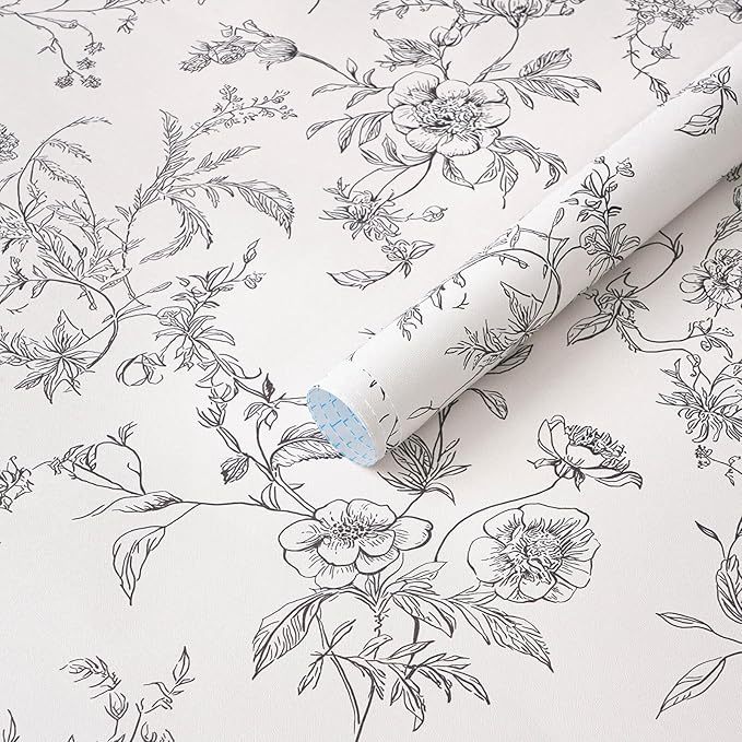 Ismoon Peel and Stick Wallpaper Floral Vintage Stick on Wall Paper Black and White Contact Paper for Cabinet French Textured Removable Self Adhesive Wallpaper Vinyl for Bedroom Wall Deco 17.3 x 393in by Ismoon