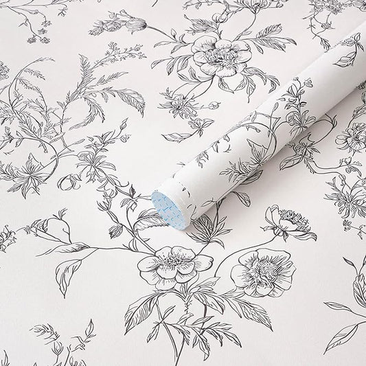 Ismoon Peel and Stick Wallpaper Floral Vintage Stick on Wall Paper Black and White Contact Paper for Cabinet French Textured Removable Self Adhesive Wallpaper Vinyl for Bedroom Wall Deco 17.3 x 393in by Ismoon