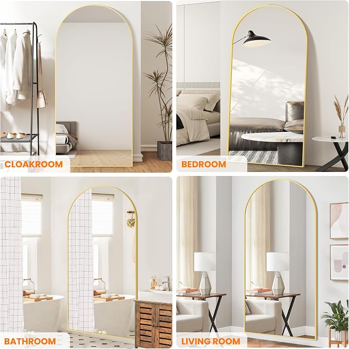 Arched Full Length Mirror, 75"x35" Standing Body Mirror for Wall, Gold - Image 3