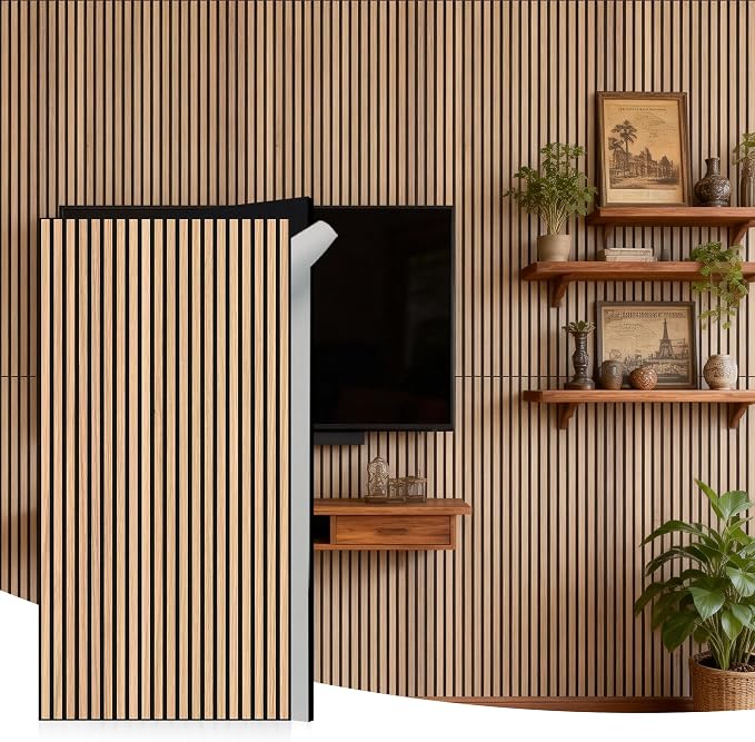WoveN SounD Acoustic Wall Panels, Natural Oak, 10 Pack, 47.2x23.6 in | Self-Adhesive, Peel and Stick, NRC 0.95, Premium Sound, Echo Proof, Slat Decor, Studio, Home, Office, Media Room by WovenSound