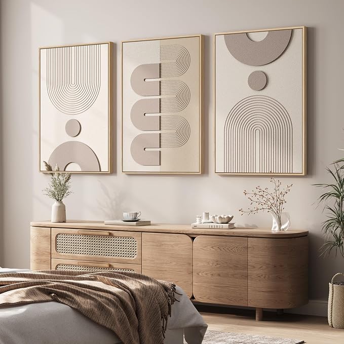 3D Large Framed Boho Neutral Abstract Wall Art for Living Room, 3 Piece | Solid Wood Frame, Textured Paintings, Beige Geometric Sculptural Artwork, 24x36 In Pictures Wall Decor Bedroom Office - Image 4