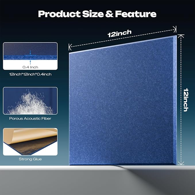 Sonicism 12 Pack Acoustic Wall Panels with Self-Adhesive, 12" X 12" X 0.4" Sound Proof Foam Panels, Decorative Soundproof Wall Panels, Sound Proof Absorbing Tiles for Home & Offices, Cerulean Blue - Image 4