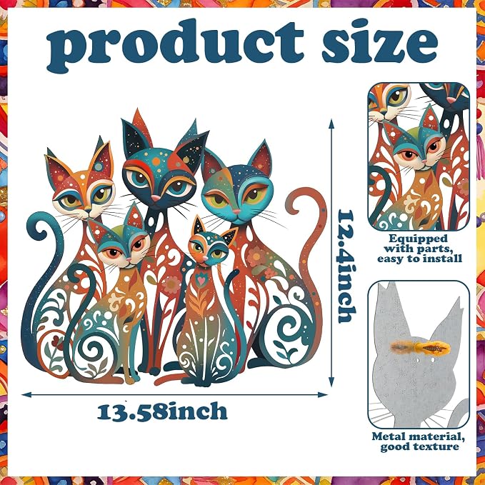 Wesiti Cat Wall Art Metal Sculpture Colorful Mid Century 13.58x12.40 | Retro Iron Sculpture for Cat Lovers, Home Living Room Bedroom Kitchen Office Wall Decor, Timeless Design - Image 2