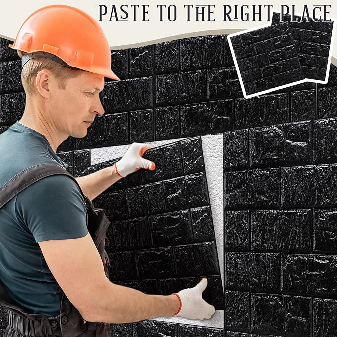 Colarr 60 Pcs 58 Sq ft 3D Wall Panels Peel and Stick Faux Foam 3D Brick Wallpaper Faux Paneling Adhesive Wall Covering Panels Decorative Medieval Tiles Waterproof for Bedroom(Black) - Image 6