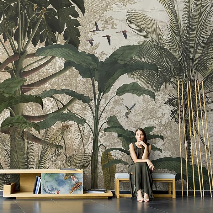 Vintage Tropical Botanical Peel and Stick Wall Mural, Canvas Wallpaper | Large Removable Jungle Mural with Palm Leaves and Birds for Dining Room, Living Room or Accent Wall Decor by ARVOTONE