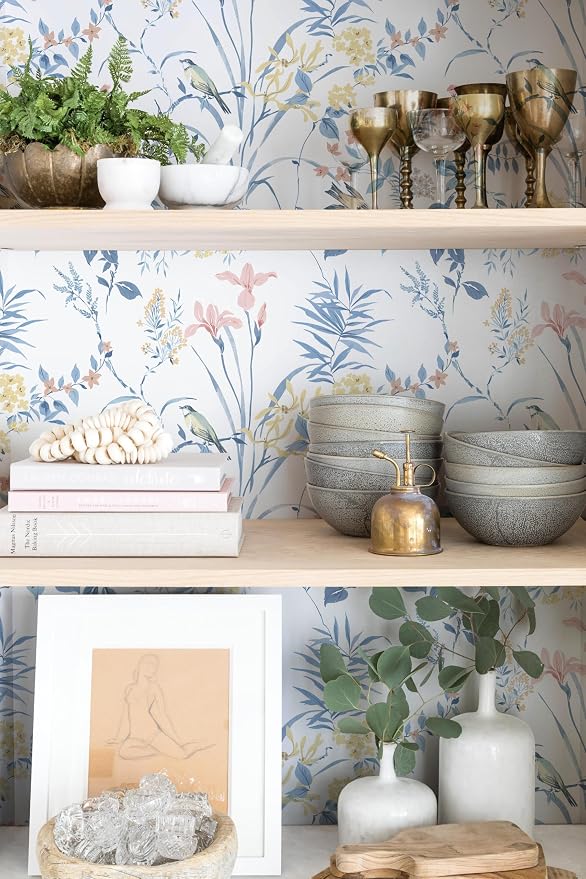 Erfoni Boho Floral Peel and Stick Wallpaper Blue Floral Birds Contact Paper | 16.9" x118" DIY Self Adhesive Removable Wallpaper for Livingroom Cabinet Decor Modern Flower Leaf Wallpaper Vinyl Roll - Image 4