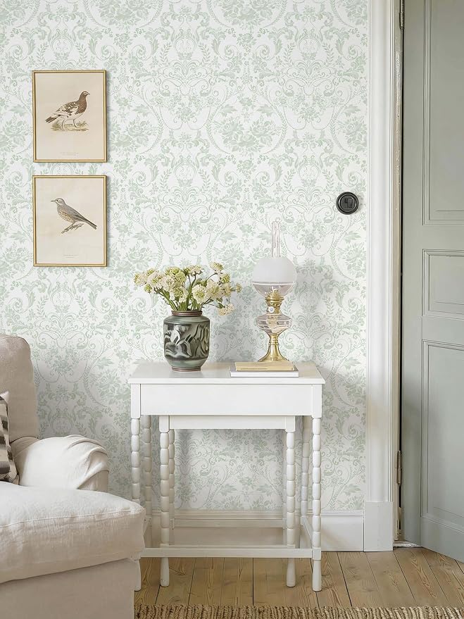 Peel and Stick Wallpaper for Bedroom Sage Green Damask Self-Adhesive | 78.7"×17.3" White & Sage Green Vintage Scroll Removable Waterproof Vinyl Wall Decor for Bathroom, Nursery - Image 2