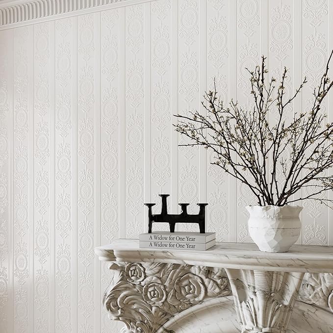 JiffDiff White 3D Embossed Textured Peel Stick Wallpaper 17.3"x800" | Removable Renter Friendly Contact Paper, Waterproof Self Adhesive Wallpaper for Bedroom, Bathroom, Decor,96 sq. - Image 5