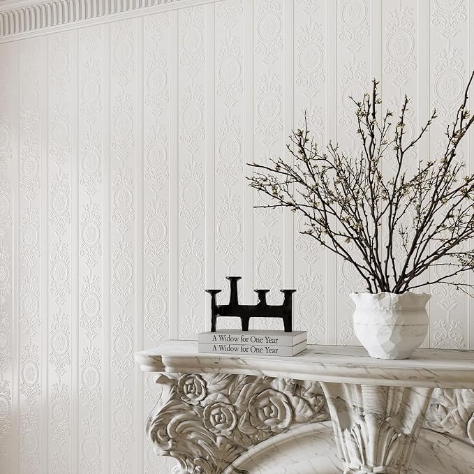 JiffDiff White 3D Embossed Textured Peel Stick Wallpaper 17.3"x1200" | Removable Renter Friendly Contact Paper, Waterproof Self Adhesive Wallpaper for Bedroom, Bathroom, Decor,144 sq. - Image 5