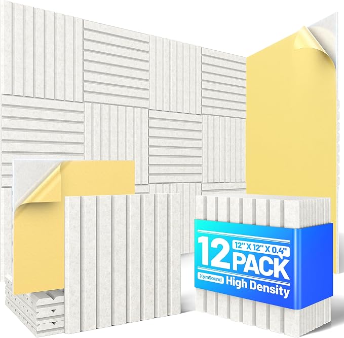 12 Pack Sound Proof Foam Panels for Walls, Acoustic Panels Self-Adhesive | 12" X 12" X 0.4" Slatted Soundproof Wall Panel, High Density Sound Absorbing Panel for Gaming Recording Studio Decor-Ivory by Unknown