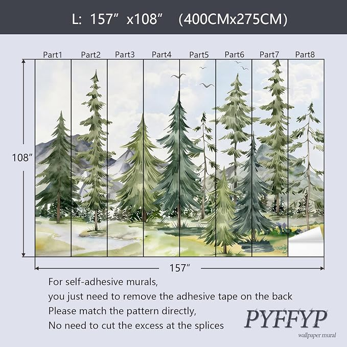 PYFFYP-Watercolor Cartoon Forest Pine Tree Peel and Stick Wallpaper Mural - Image 5