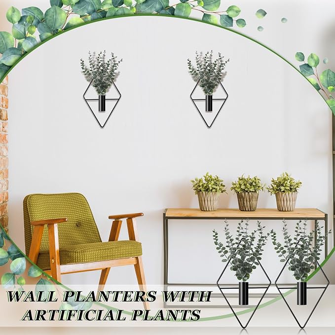 Jexine 4 Pcs Hanging Artificial Planters Wall Decor, Black, Eucalyptus | Bathroom Wall Decor, Geometric Metal Vase, Indoor Plants, Living Room, Home Office, Entryway, Boho Accent, Wall Mounted - Image 4