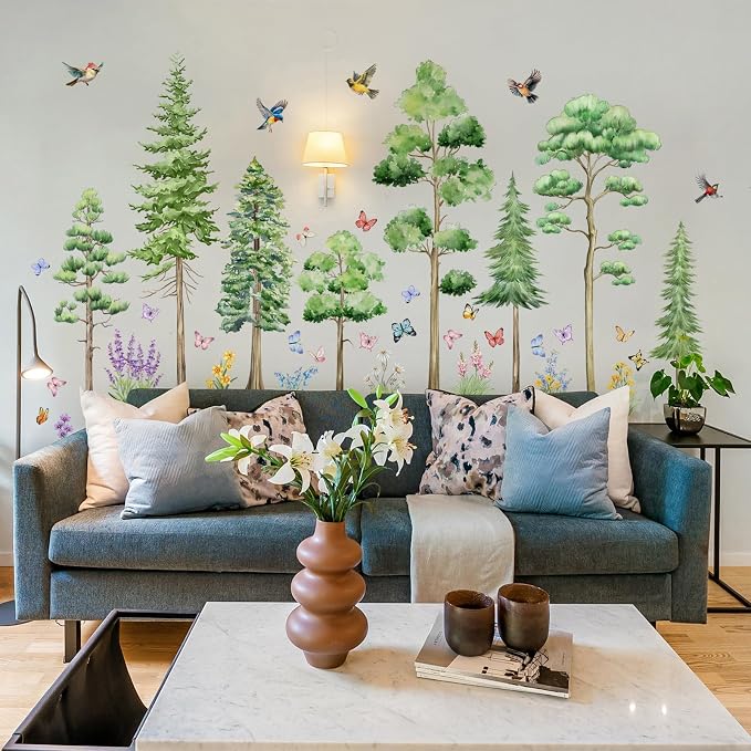 Watercolor Large Tree Wall Stickers Peel and Stick Murals Decal | Pine Tree Wall Forest Decal for Living Room TV Walls Baby Bedroom Classroom Nursery (Green Various Trees, 11.8 * 35.4inch) - Image 5