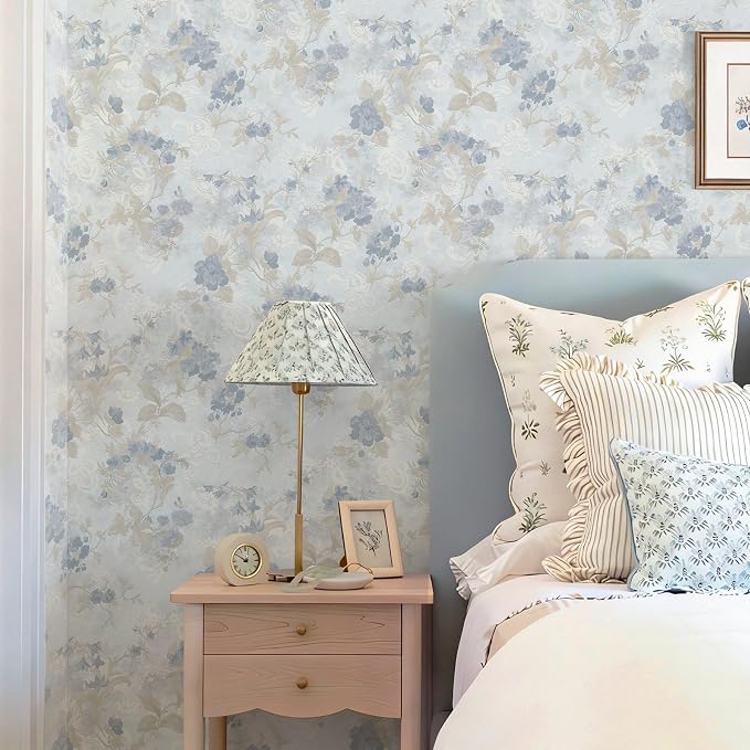 Ismoon Vintage Wallpaper Floral Peel and Stick Wallpaper 17.3in x32.8ft Blue Country Retro Flower Wall Paper Texture Removable Stick on Wall Paper for Bathroom Cabinets Countertops Self-Adhesive Vinyl - Image 4