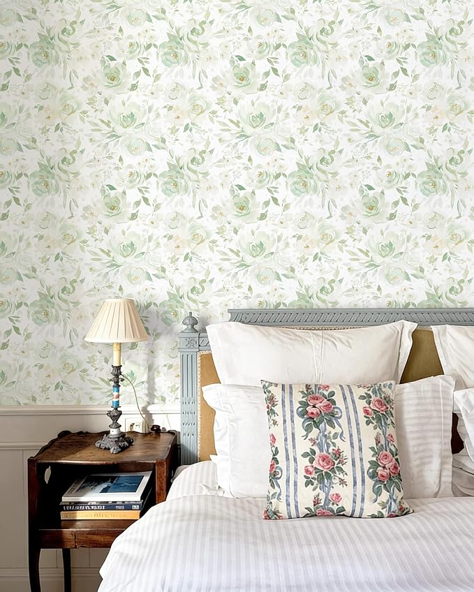 Heroad Green Peel and Stick Wallpaper Floral Contact Paper 17.3''x393'' Large Flower Wallpaper Watercolor Rose Removable Self-Adhesive Wall Paper for Cabinets Bedroom Bathroom Stick on Walls - Image 5