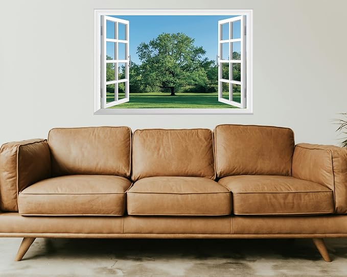 FLFK Fake Window Wall Mural - Grass and Trees Faux Window Wall Sticker for Wall Decor, Peel and Stick Wall Decals,48"x32",Set of 2 Sheets - Image 3
