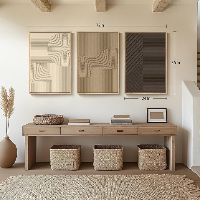 Large 3D Framed Neutral Abstract Wall Art for Living Room, 3 Piece 24x36 In | Solid Wood Frame, Textured Paintings, Beige Brown Tan Geometric Sculptural, Pictures Wall Decor Living room Bedroom Office - Image 4