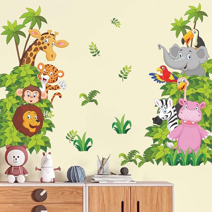 Supzone Jungle Animal Wall Stickers Cartoon Animal Wall Decal Elephant Lion Zebra Wall Art Sticker for Kids Baby Nursery Bedroom Playroom Living Room Wall Decor by Supzone
