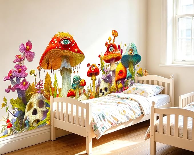 Psychedelic Skull Magic Mushroom Wall Decals, Floral Flower Wall Stickers | Hippie skull peel and stick removable flowers vinyl wall decor mural art for bedroom living room classroom office - Image 4