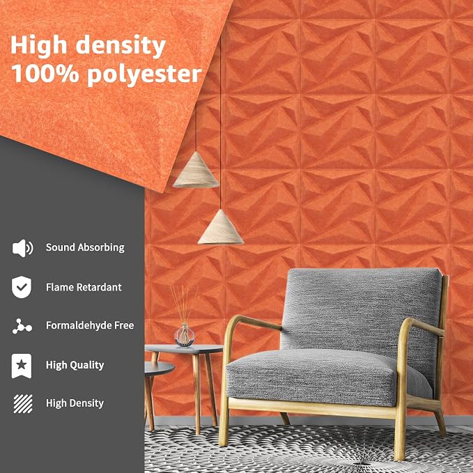 Art3dwallpanels Acoustic Panels, Orange Red, 20 Pack, 12" X 12" | Soundproof Wall Panels, Sound Dampening Panels, 3D Wall Panels, Sound Absorbing Panels, Without Tape - Image 3