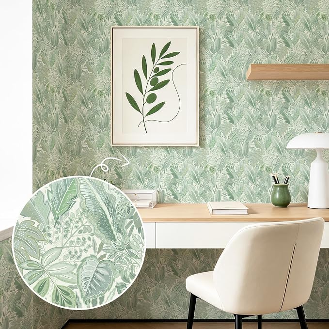 SOON AFTER Green Tropical Leaf Peel and Stick Wallpaper, 17.3" x 118" Removable &Waterproof Vinyl Contact Paper, Boho Jungle Leaf Self-Adhesive Wallpaper for Bedroom, Living Room, Cabinets - Image 9