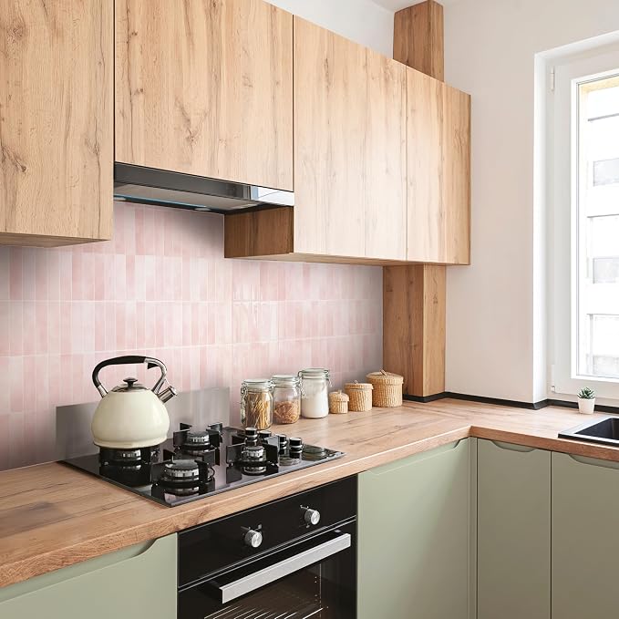 Smart Tiles Peel and Stick backsplash, Stacked Powder Pink, 11.43"x9" | Pack of 5 (3.5 sq ft), Glossy, Heat/Moisture Resistant, Low VOC, Kitchen/Bathroom, Renter Friendly, Made in Canada - Image 2