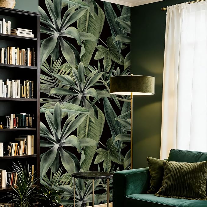 Tropical Peel and Stick Watercolor Green Leaves Wall Mural, Leather Textured Vintage Self-Adhesive Wallpaper for Accent Wall Decor, Black Background, 46.3'' x 98.03'' by Flortlias