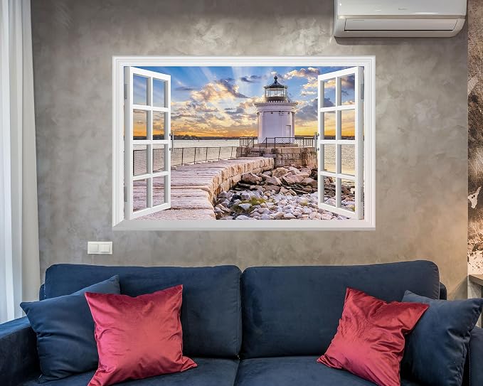 FLFK Fake Window Wall Mural - Shoreline Lighthouse Faux Window Wall Sticker, Stick and Peel Wall Decals, 48"x32", Set of 2 Sheets - Image 3