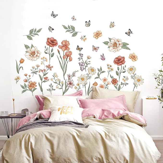 Watercolor Boho Flowers Wall Decals Wildflower Butterfly Garden Wall Stickers Removable Wall Art Decor for Living Room Bedroom - Image 4