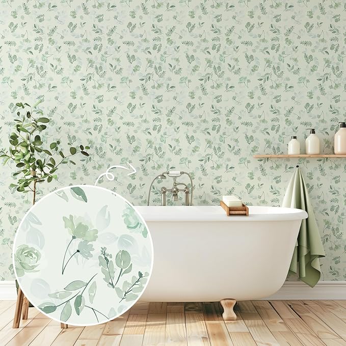 Sage Green Watercolor Floral Peel and Stick Wallpaper, 17.3" x 472" Removable & Waterproof Vinyl Wallpaper, Soft Pastel Flower Self-Adhesive Contact Paper for Nursery Bedroom Cabinets - Image 8
