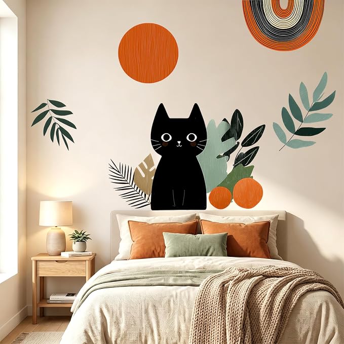 Boho Black Cat Botanical Abstract Wall Decal Modern Home Room Decor Sticker | Peel and stick removable boho cat wall art, geometric plant design, renter-friendly no-residue decor for bedroom, nursery - Image 6