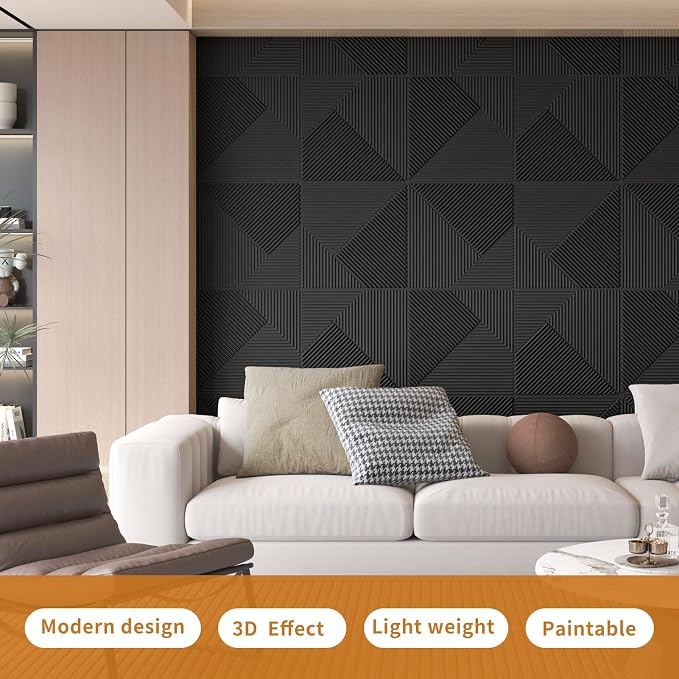 WOWSTAR 12-Pack 3D Wall Panels 19.7" x 19.7", Black Slat Wall Panels for Living Room Wall Decor, Modern Black Wall Covering for Home & Office | 12-pack, 19.7"x19.7", Textured wall panels, accent wall covering, living room bedroom office - Image 2