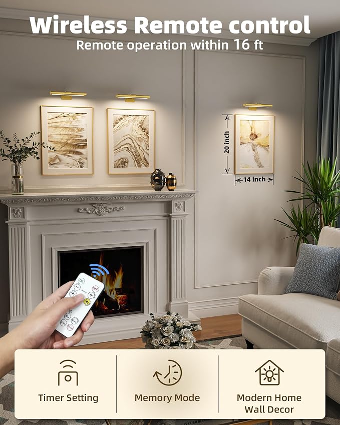 EZVALO Picture Light for Wall, Rechargeable 2400mAh Gold Lights Wireless with IR Remote, 3 Color & Dimmable Magnetic 7.87'' LED Lights Display for Painting, Living Room, Gallery, Bedroom Art(3P) - Image 3