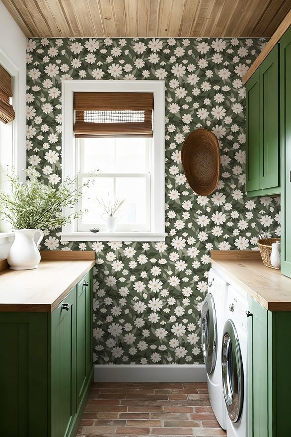 Floral Wallpaper Peel and Stick, Green Daisy Flower Removable Self Adhesive Wallpaper for Bedroom Bathroom Cabinet, 17.3‘’×78.7‘’ - Image 6