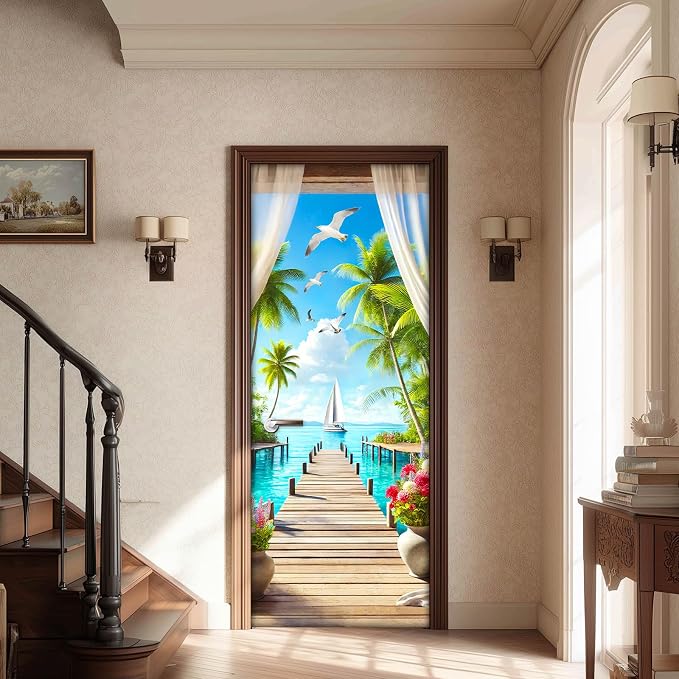 HOMETITUTE Tropical Seaside Sailboat Palm Peel Stick Door 30.3x78.7 PVC | Wall Cover Poster Decals Removable Wallpaper Self Adhesive Livingroom Bedroom Office - Tropical Path - Image 2