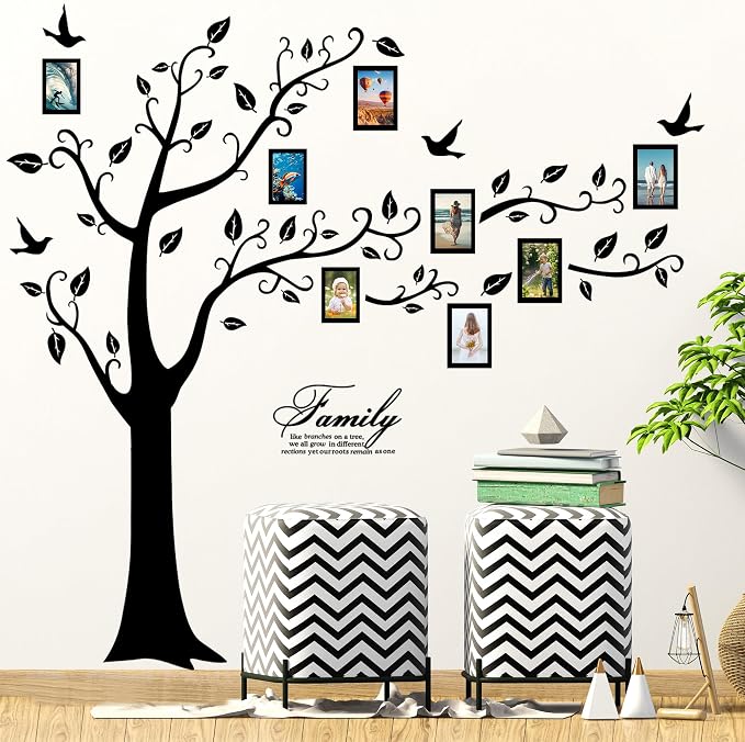 Large Family Photo Tree Wall Sticker 3D Peel and Stick Vinyl Photo Frame Tree Wall Decals Removable Quotes Leaf and Birds Wall Decor for Home Kids Bedroom Living Room Classroom Nursery (Right, Black) - Image 4