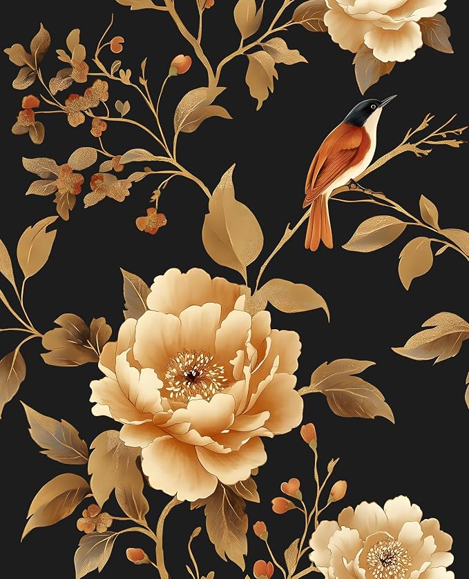 Laatse Dark Floral Bird Wallpaper Peel and Stick 17.5"x 118",Black/Golden | Self Adhesive/Removable/Waterproof/Thick Vinyl Contact Paper for Bathroom Bedroom Shelf Cabinet Drawer,Prepasted,Easy Peel by Laatse