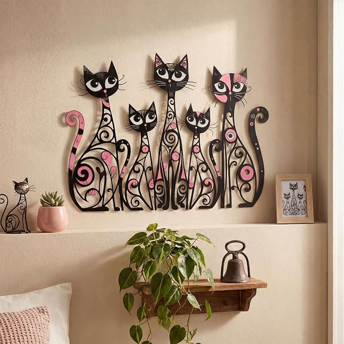 Wesiti Cat Wall Art Decor Metal, 10.6"x15.7" Mid Century Cat Pink Black | Iron Sculpture for Pet Lover, Retro Romantic Pink Swirl Design, Living Room Bedroom Kitchen Office Home Wall Decor Gift - Image 4